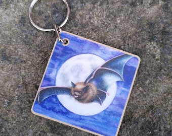 Pipistrelle Bat Keyring or bag charm - full moon keyfob made from sustainably sourced wood