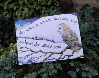 Barn Owl Christmas Card: Celtic Calligraphy and a peaceful snowscape