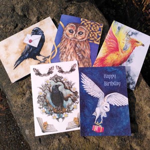 Vogel Karten Set - Eule, Phönix und Rabe Kunst - 5 Grußkartendesigns
