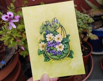 Floral Dragon Art Postcard - primroses, violets and bluebells