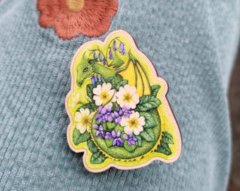 Floral Dragon Wooden Pin - primroses, violets and bluebells