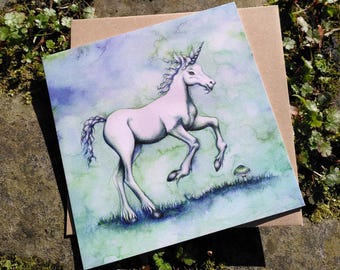 Woodland Unicorn Greetings Card: Dreamy Prancing Unicorn Art