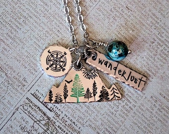 Hand Stamped Mountain Necklace, Wanderlust Necklace, Hiking Necklace