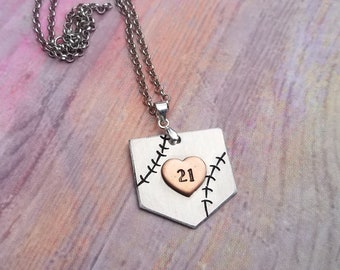 Hand Stamped Baseball Necklace, Personalized Number Home Plate Necklace, Baseball Necklace