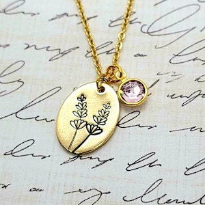 Hand Stamped Lavender Necklace, Personalized Lavender Sprig Necklace
