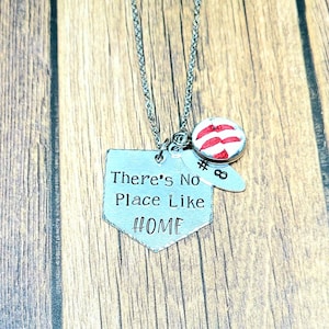There&#39;s No Place Like Home Baseball Necklace, Hand Stamped Home Plate Baseball Necklace