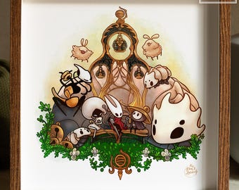 Hornet, Sherma, Lace, and Shakra on a bench. Hollow Knight Silksong video game poster, wall art