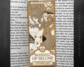 May include: A gold-colored tarot card pin featuring a central figure with animal companions. The card reads "Daughter of Darkness" and "Blessing of Selune" with additional text. The pin is part of the "Tarot Ending Series."