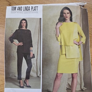 May include: Vogue pattern featuring two women's outfits. One outfit is a dark brown top with cut-out sleeves and matching pants. The other is a yellow top and skirt. The pattern is designed by Tom and Linda Platt.