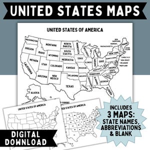 3 USA Maps Printable, Karten der Vereinigten Staaten von Amerika | Sofortiger digitaler Download | Zustandsnamen, Abkürzungen & leere Karte mit Zustandsumrissen