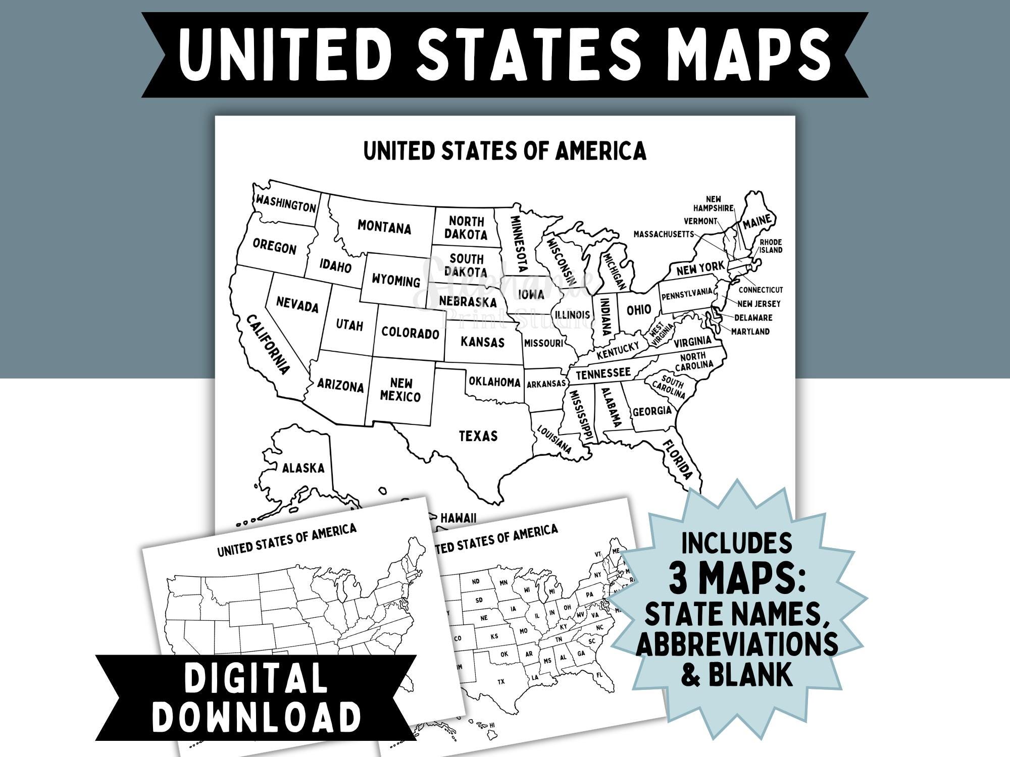 3 USA Maps Printable, United States of America Maps | Digital Instant Download | State Names, Abbreviations, & Blank Map with State Outlines