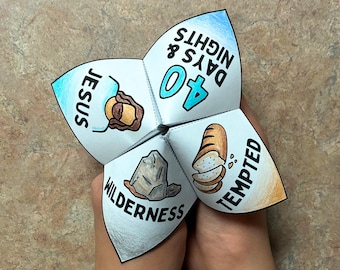 Jesus Is Tempted Color-Your-Own Cootie Catcher | Matthew 4:1-11 Bible Verse| Paper Craft Game Printable