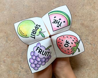Fruit of the Spirit Color-Your-Own Cootie Catcher, Paper Craft Game Printable, Galatians 5:22-23 Bible Verse Memorization Activity