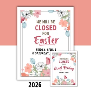 Letrero imprimible de "Cerrado por Pascua y Viernes Santo" (varias opciones de fecha incluidas)