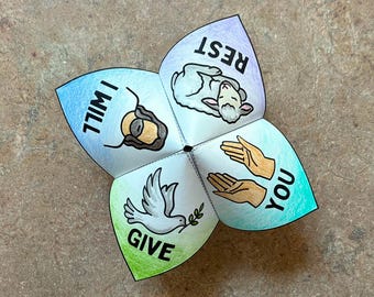 I Will Give You Rest Color-Your-Own Cootie Catcher | Matthew 11:28-30 Bible Verse | NIV, KJV & ESV | Paper Craft Game Printable