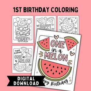 Imprimible para primer cumpleaños de "One in a Melon" / 5 páginas para colorear con temática de sandía