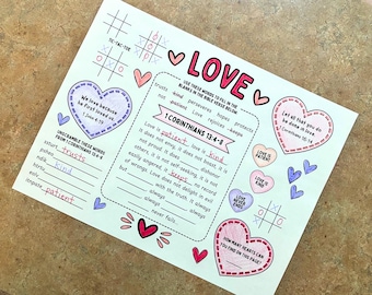 Love Coloring Activity Page Printable | 1 Corinthians 13:4-8 Bible Verse | Christian Valentine's Worksheet