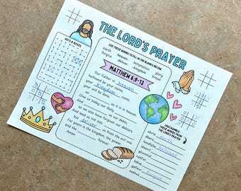 The Lord's Prayer Coloring Activity Page Printable | NIV & KJV | Matthew 6:9-13 Bible Verse Placemat