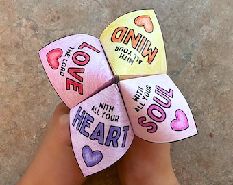 Greatest Commandment Color-Your-Own Cootie Catcher | Paper Craft Game Printable | Matthew 22:36-40 Bible Verse Memorization Activity