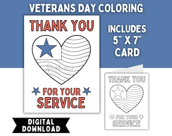 Veterans Day Card & Coloring Page Printable | DIGITAL INSTANT DOWNLOAD | Thank You For Your Service. Give a Card to Honor Veterans.