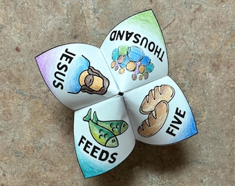 Jesus Feeds 5,000 Color-Your-Own Cootie Catcher | Matthew 14:17-21 Bible Verse| Paper Craft Game Printable