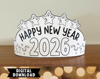 Paper Crown Printable | Happy New Year 2026 | Color-Your-Own New Year's Eve Hat