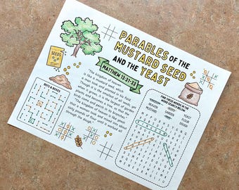 Parables of the Mustard Seed and the Yeast Coloring Activity Page Printable for Kids | Matthew 13:31-33 Bible Verse Placemat