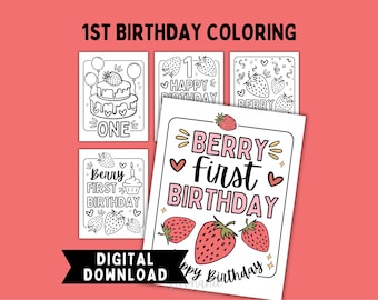 Berry First Birthday Coloring Pages Printable | 5 Strawberry Theme Happy 1st Birthday Party Sheets