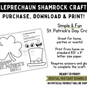 Leprechaun Shamrock Printable Craft Activity for St. Patrick's Day. Color, Cut & Glue. Requires scissors and glue to complete. Digital Instant Download.
