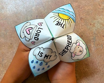 Psalm 23 Color-Your-Own Cootie Catcher | Paper Craft Game Printable with Bible Verse
