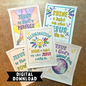 Op de afbeelding: Een verzameling kleurrijke digitale kunstafdrukken om te downloaden met religieuze thema's. De prints bevatten zinnen als "Jezus is Gods Perfect" en "Schijn een licht op wie Jezus werkelijk is". De kunst bevat illustraties en tekst.