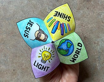 Light of the World Color-Your-Own Cootie Catcher | John 8:12 Bible Verse Activity | Illumination Station VBS Paper Craft Game Printable