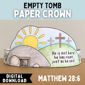 Couronne vide en papier pour tombe à colorier | Matthieu 28:6 Verset biblique | Activité de classe d'école du dimanche pour enfants | Bricolage mignon de Pâques pour les enfants d'âge préscolaire