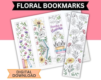 4 Floral Theme Coloring Bookmarks Printable | DIGITAL INSTANT DOWNLOAD | Flowers Books Cut & Color, Kids and Adult Craft, Book Club Activity