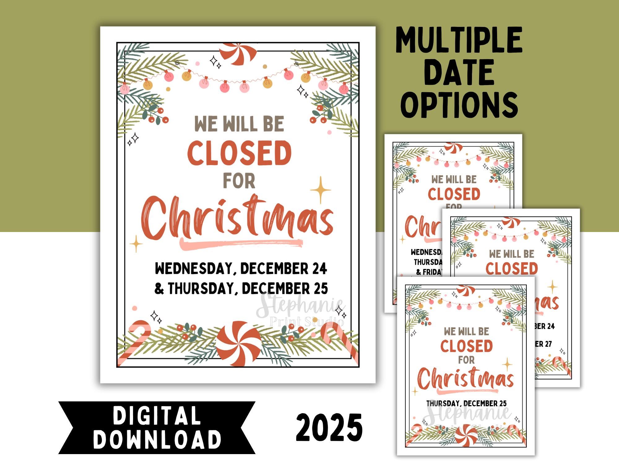 Closed for Christmas Sign Printable | DIGITAL INSTANT DOWNLOAD | 2025 Christmas Holiday Closure Sign - Multiple Date Options Included - Etsy for Free Printable Closed For Christmas Signs