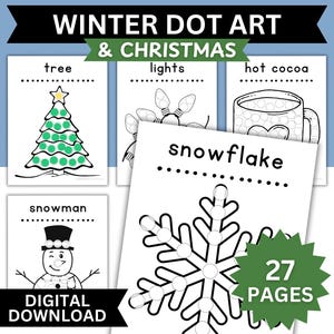 May include: A set of 27 printable winter and Christmas themed dot art pages. The pages feature images of a tree, lights, hot cocoa, snowman, and snowflake. The images are outlined and ready for children to color in with dot markers.