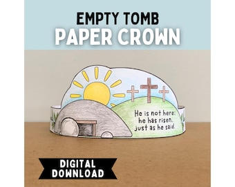 Lege tombe met eigen kleur papieren kroon afdrukbaar | Knutselen voor Pasen | Mattheüs 28:6 Activiteit bijbeltekst