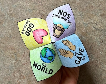 John 3:16 Color-Your-Own Cootie Catcher | NIV, KJV, & ESV | God's Love For The World Paper Craft Game Printable