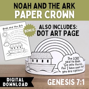 Noah und die Arche Papierkrone Printable + Dot Art Seite | DIGITALER SOFORT-DOWNLOAD | Genesis 7: 1 Bibel Vers Kinder Sonntagsschule Klasse Aktivität