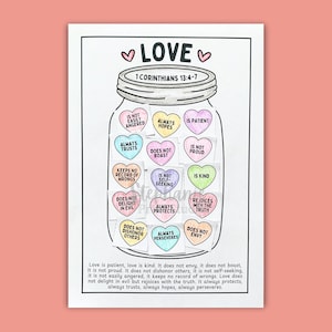 El amor es... Manualidad imprimible de un frasco de corazones / Versículo bíblico de 1 Corintios 13:4-7