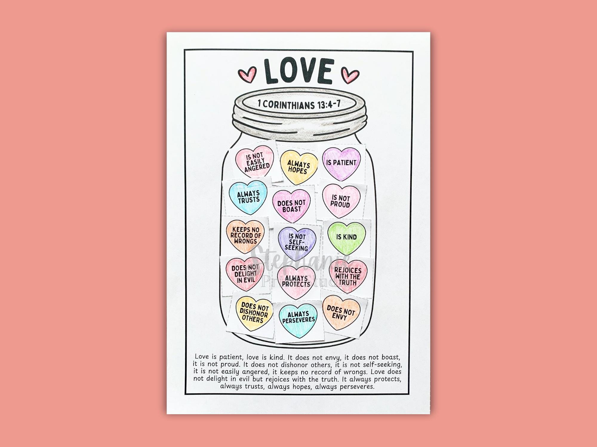 Love Is. Jar of Hearts Craft Printable 1 Corinthians 13:4-7 Bible Verse