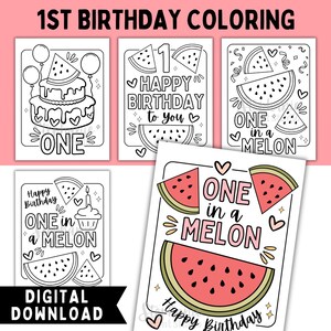 One In A Melon Theme 1st Birthday Malseiten zum Ausdrucken | DIGITALER SOFORT-DOWNLOAD | 5 Malvorlagen, Wassermelone Happy Birthday Party