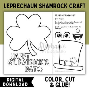 Leprechaun Shamrock Printable Craft Activity for St. Patrick's Day. Color, Cut & Glue. Requires scissors and glue to complete. Digital Instant Download.