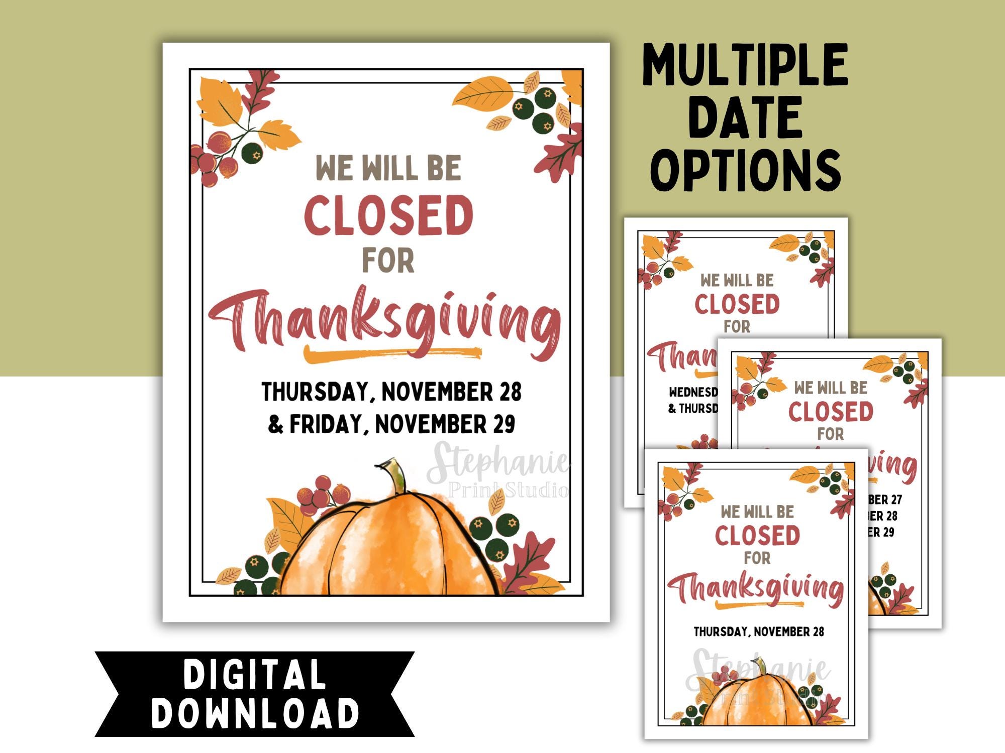 Closed for Thanksgiving Sign Printable | DIGITAL INSTANT DOWNLOAD | Thanksgiving Holiday Closure Sign - Multiple Date Options Included - Etsy closed-for-thanksgiving-sign-printable-digital-instant-download-thanksgiving-holiday-closure-sign-multiple-date-options-included-etsy