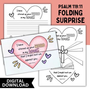 Psalm 119:11 Faltüberraschung druckbar, gespeichert Ihr Wort in meinem Herzen Färbung Handwerk, Bibel Vers Memorisierung Aktivität, verstecken Gottes Wort