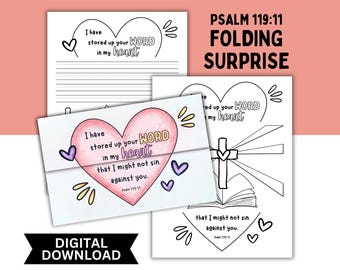 Psalm 119:11 Folding Surprise Printable, Stored Up Your Word In My Heart Coloring Craft, Bible Verse Memorization Activity, Hide God's Word