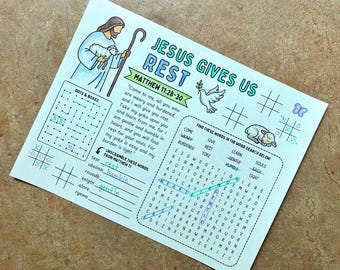 Jesus Gives Us Rest Coloring Activity Page Printable for Kids | Matthew 11:28-30 Bible Verse | NIV, KJV & ESV