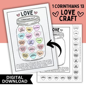 Liebe ist ... Herzen Handwerk bedruckbar, | DIGITALER SOFORT-DOWNLOAD | 1 Korinther 13: 4-7 Bibel Vers, Sonntagsschule Cut & Glue Malseite