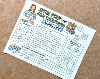 Jesus Feeds 5000 Coloring Activity Page Printable for Kids | Matthew 14:17-21 Bible Verse Placemat