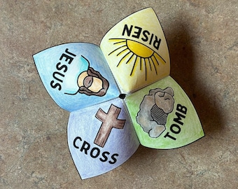 Jesus Has Risen Color-Your-Own Cootie Catcher | Matthew 28:1-9 Bible Verse | Easter Paper Craft Game Printable